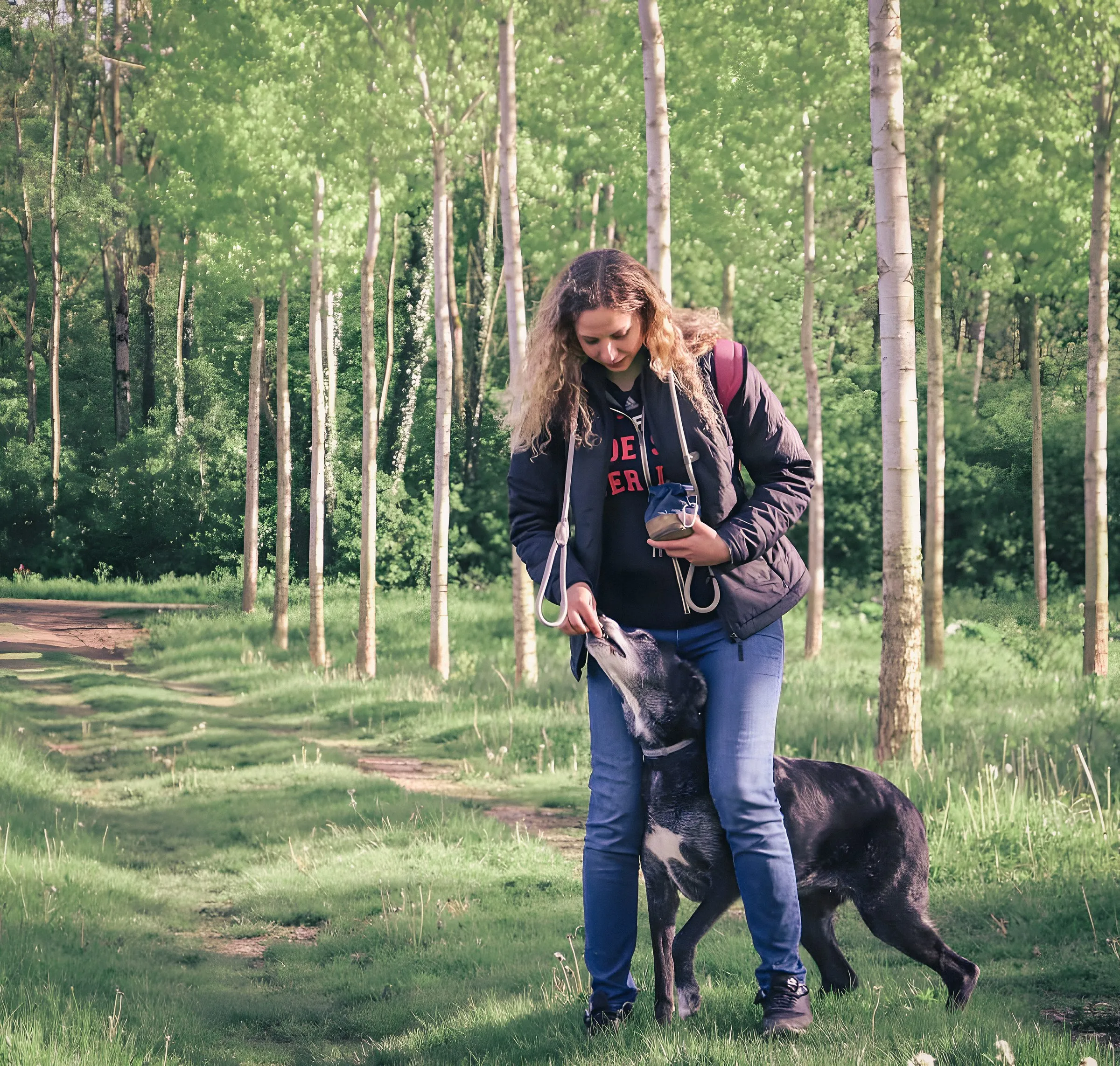 Laurie Jousse en promenade avec sa chienne Bulle dans une peupleraie